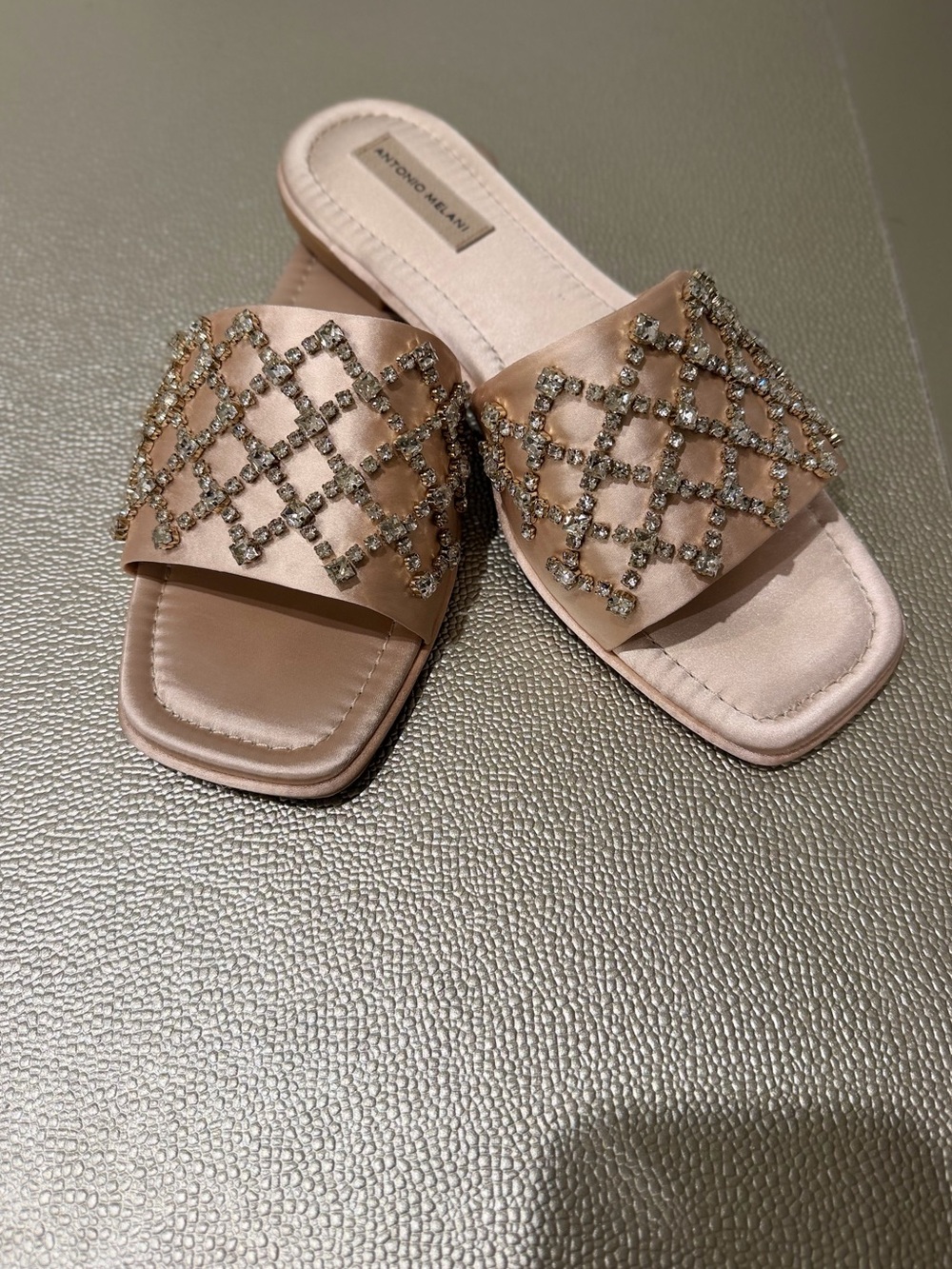 ANTONIO MELANI Champagne Crystal Lattice Slide Mules
